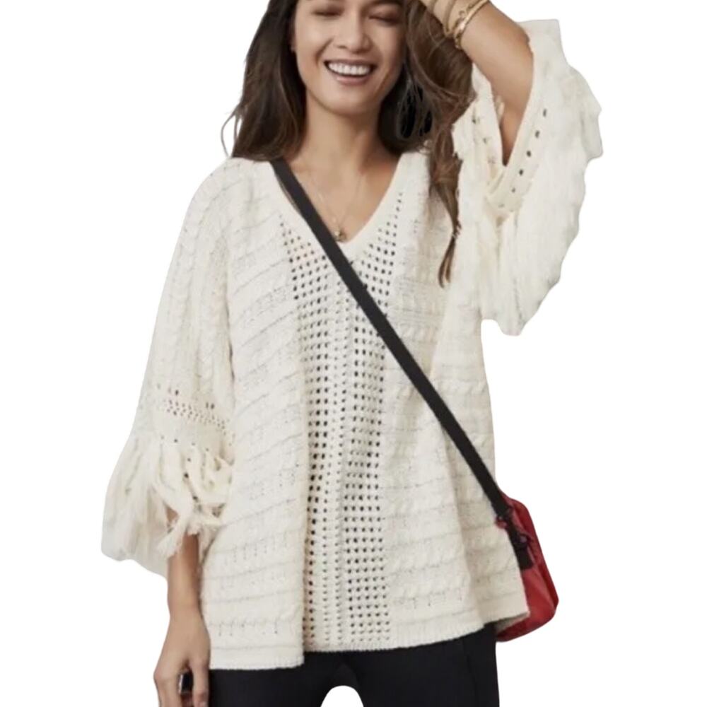 CAbi Cream Ivory Fringe Fiesta Poncho Open Knit Half Sleeve Sweater Top size M